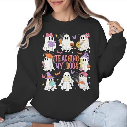 Teaching My Boos Teacher Cute Ghost Groovy Teacher Halloween Women Crewneck Sweatshirt - teacherstshirts.com DE