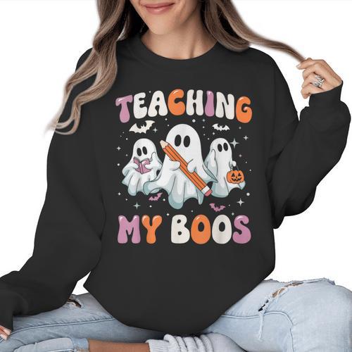 Teaching My Boos Teacher Cute Ghost Teacher Halloween Women Crewneck Sweatshirt - teacherstshirts.com UK