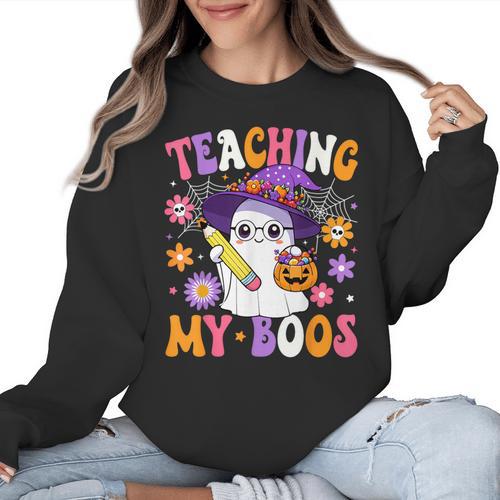 Teaching My Boos Teacher Ghost Teach Halloween Teacher Women Crewneck Sweatshirt - teacherstshirts.com AU