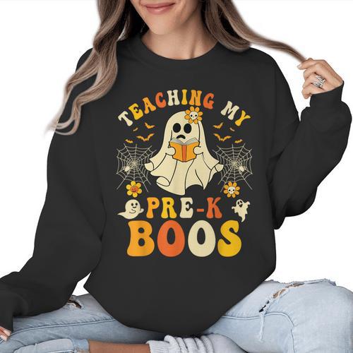 Teaching My Pre-K Boos Crew Teachers Halloween Ghost Women Crewneck Sweatshirt - teacherstshirts.com DE