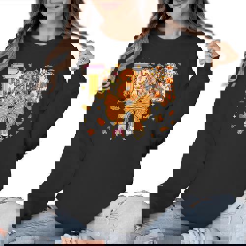 Thanksgiving Teacher Pencil Bow One Thankful Teacher Fall Women Crewneck Sweatshirt - teacherstshirts.com