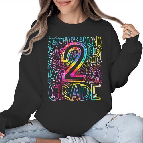 Tie Dye 2nd Grade Typography Team Second Grade Teacher Women Crewneck Sweatshirt - teacherstshirts.com DE