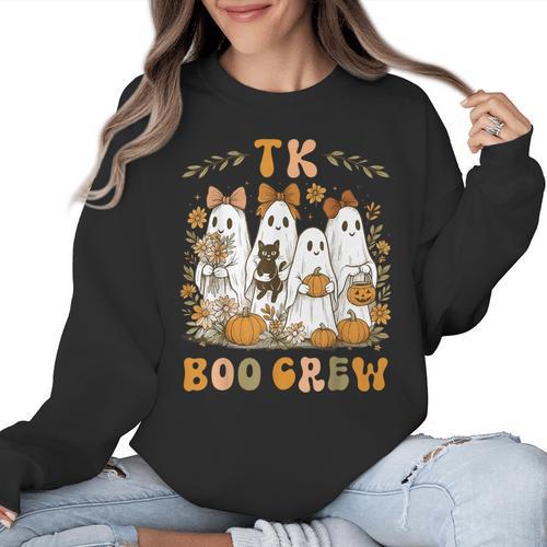 TK Boo Crew Preppy Halloween Floral Ghost TK Teacher Team TK Women Crewneck Sweatshirt - teacherstshirts.com AU