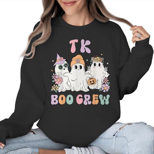 TK Boo Crew Retro Groovy Halloween Floral Ghost TK Teacher Women Crewneck Sweatshirt - teacherstshirts.com CA