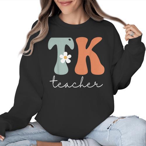 TK Teacher Retro Groovy Vintage Happy First Day Of School Women Crewneck Sweatshirt - teacherstshirts.com DE