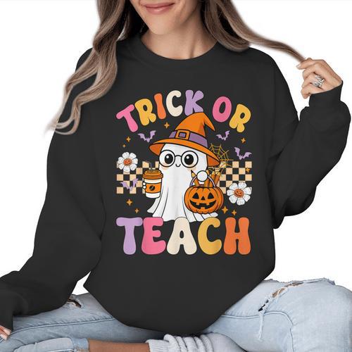 Trick Or Teach Cute Ghost Coffee Pumpkins Halloween Teacher Women Crewneck Sweatshirt - teacherstshirts.com UK