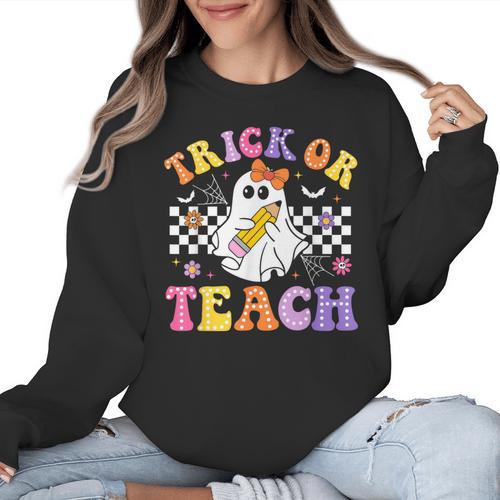 Trick Or Teach Groovy Halloween Teachers Women Crewneck Sweatshirt - teacherstshirts.com