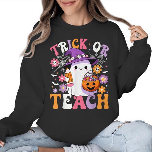 Trick Or Teach Groovy Teacher Ghost Halloween Teacher Women Crewneck Sweatshirt - teacherstshirts.com AU
