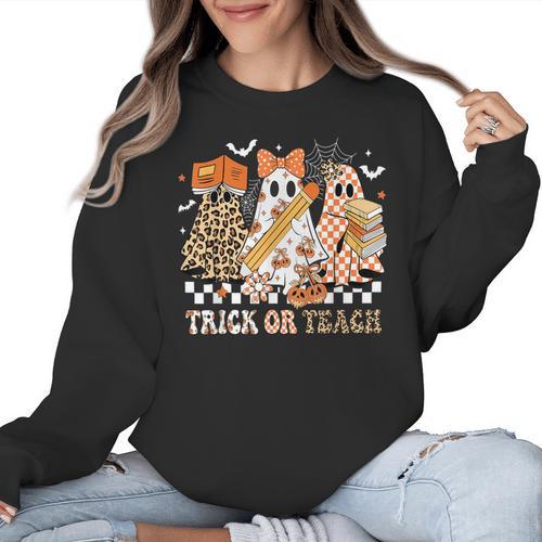 Trick Or Teach Groovy Teacher Halloween Floral Ghost Women Crewneck Sweatshirt - teacherstshirts.com DE