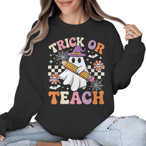 Trick Or Teach Groovy Teacher Halloween Retro Ghost Women Crewneck Sweatshirt - teacherstshirts.com AU