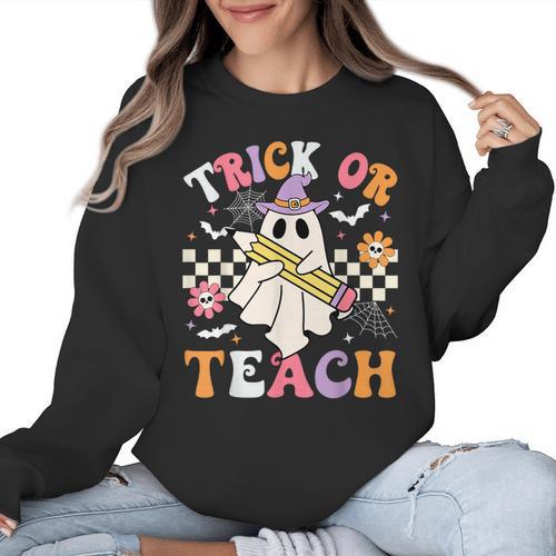 Trick Or Teach Groovy Teacher Halloween Retro Teacher Ghost Women Crewneck Sweatshirt - teacherstshirts.com AU