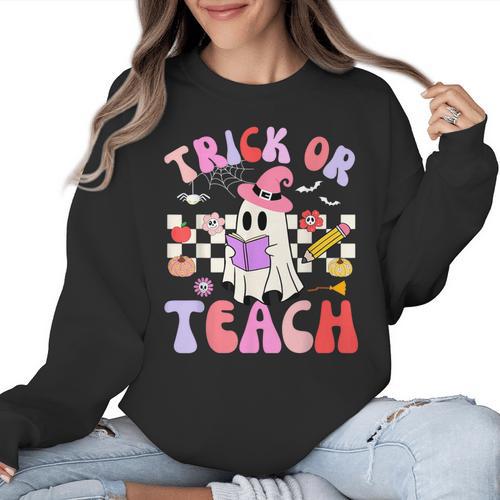 Trick Or Teach Halloween Teacher Floral Ghost Groovy Women Crewneck Sweatshirt - teacherstshirts.com UK