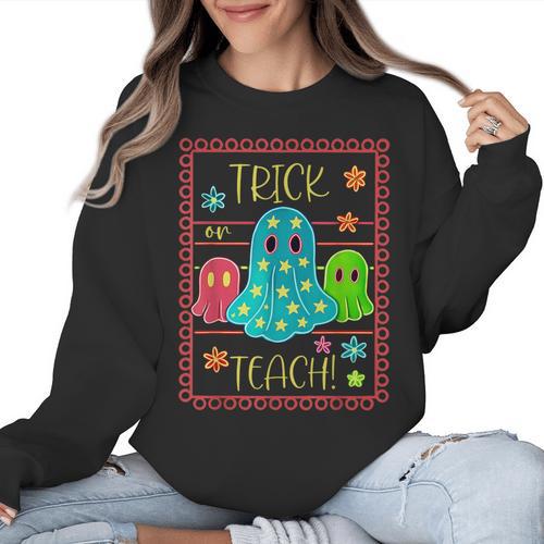 Trick Or Teach Neon Ghost Flower Teacher Spooky Halloween Women Crewneck Sweatshirt - teacherstshirts.com AU