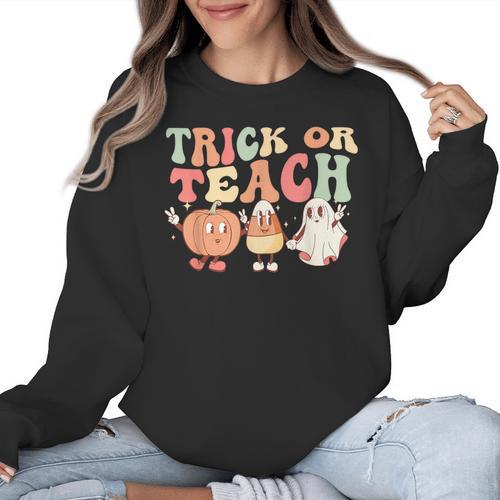 Trick Or Teach Pumpkin Candy Corn Ghost Halloween Teacher Women Crewneck Sweatshirt - teacherstshirts.com CA