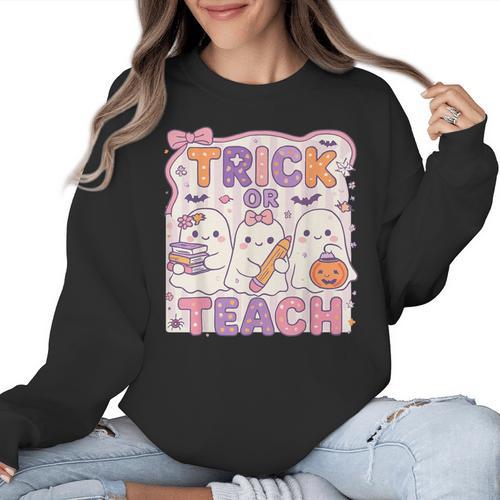 Trick Or Teach Retro Halloween Teacher Look Women Crewneck Sweatshirt - teacherstshirts.com UK