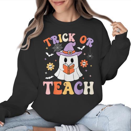 Trick Or Teach Teacher Groovy Ghost Halloween Teacher Women Crewneck Sweatshirt - teacherstshirts.com AU