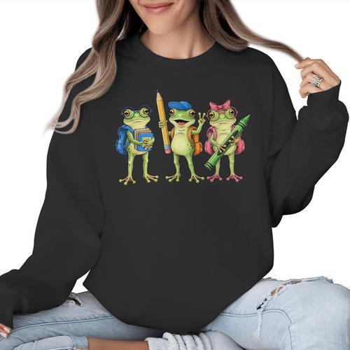 Trio Cute Frogs Welcome Back To School Teachers Girls Boys Women Crewneck Sweatshirt - teacherstshirts.com CA