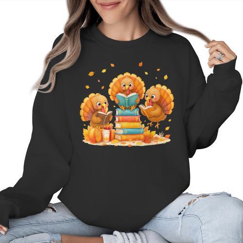 Turkey Read Books Reading Fall Thanksgiving Teacher Women Crewneck Sweatshirt - teacherstshirts.com UK