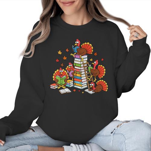 Turkey Reading Books Fall Thanksgiving Teacher Librarian Women Crewneck Sweatshirt - teacherstshirts.com AU