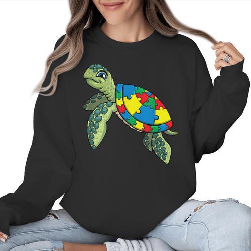 Turtle Puzzle Pieces For Autism Awareness Kids Women Teacher Women Crewneck Sweatshirt - teacherstshirts.com DE