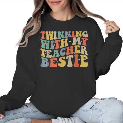 Twin Day Friends Teacher Twinning With My Bestie Matching Women Crewneck Sweatshirt - teacherstshirts.com