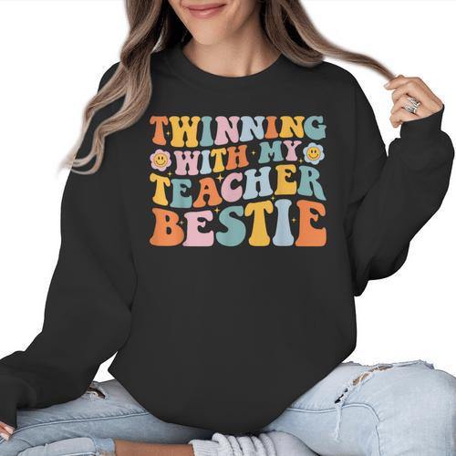 Twinning With My Teacher Bestie Twin Day Matching For Men Women Kids Women Crewneck Sweatshirt - teacherstshirts.com DE