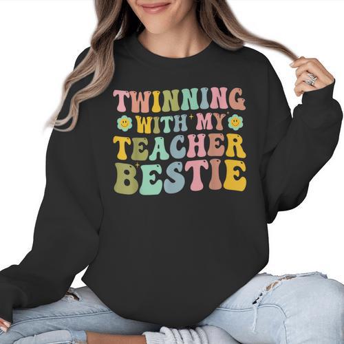 Twinning With My Teacher Bestie Twin Day Matching Teachers For Men Women Girls Kids Women Crewneck Sweatshirt - teacherstshirts.com