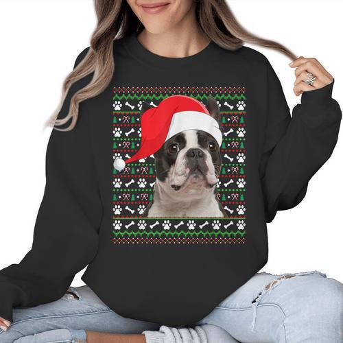 Ugly Xmas Sweater Santa Boston Terrier Dog Christmas For Men Women Kids Women Crewneck Sweatshirt - Bostonterriersmerch.com