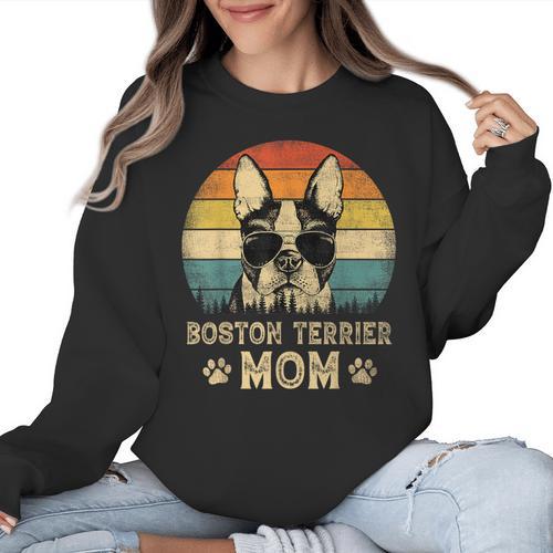 Vintage Boston Terrier Mom Dog Lovers Mother's Day Women Crewneck Sweatshirt - Bostonterriersmerch.com
