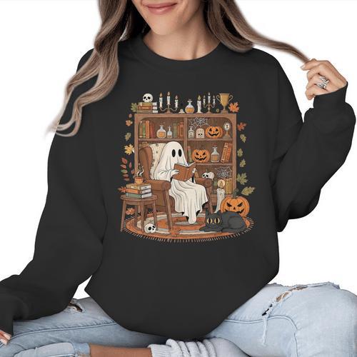 Vintage Ghost Book Reading Pumpkin Gothic Halloween Teachers Women Crewneck Sweatshirt - teacherstshirts.com UK