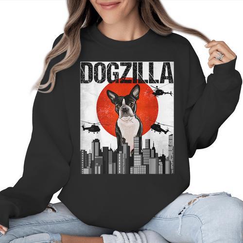 Vintage Japanese Dogzilla Boston Terrier Women Crewneck Sweatshirt - Bostonterriersmerch.com