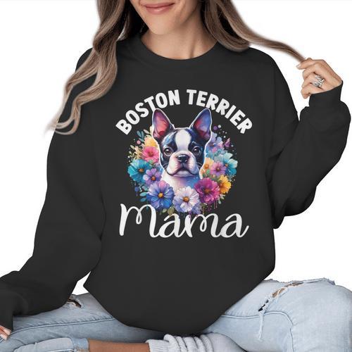 Watercolor Floral Boston Terrier Mama Dog Lover Mother's Day For Men Women Girls Kids Women Crewneck Sweatshirt - Bostonterriersmerch.com