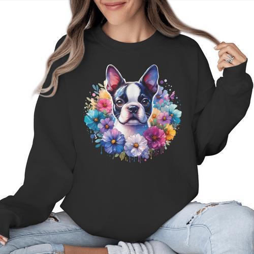 Watercolor Floral Boston Terrier Mama Dog Lover Mother's Day Women Crewneck Sweatshirt - Bostonterriersmerch.com