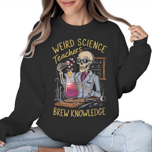 Weird Science Skeleton Halloween Teachers Brew Knowledge Women Crewneck Sweatshirt - teacherstshirts.com AU