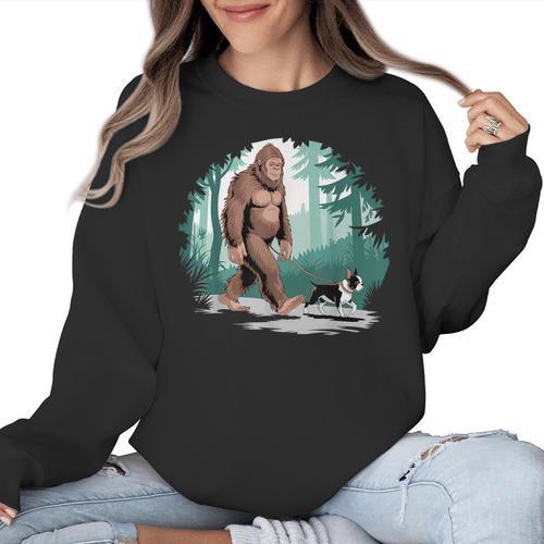 Whimsical Forest Adventures Sasquatch Bigfoot Walking Boston Terrier Dog Lovers Women Crewneck Sweatshirt - Bostonterriersmerch.com