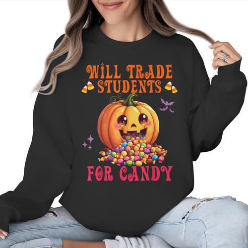 Will Trade Students For Candy Teacher Cute Halloween Pumpkin Women Crewneck Sweatshirt - teacherstshirts.com