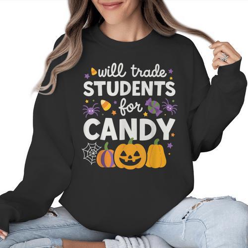 Will Trade Students For Candy Teacher Cute Halloween Women Crewneck Sweatshirt - teacherstshirts.com