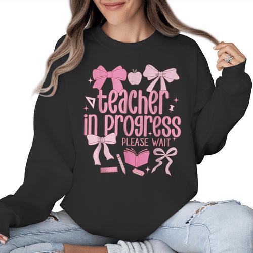 Women Teacher In Progress Coquette Pink Bow Future Teacher Women Crewneck Sweatshirt - teacherstshirts.com CA