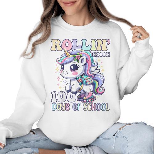 100 Days Of School Girls Teacher 100th Day Unicorn Outfit Women Crewneck Sweatshirt - teacherstshirts.com CA