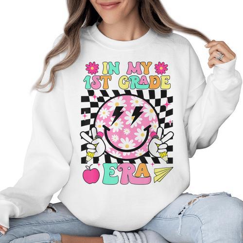 In My 1st Grade Era Smile Face Back To School Teacher Kid Women Crewneck Sweatshirt - teacherstshirts.com CA