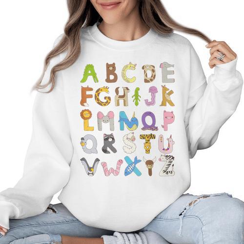 ABC Animals Alphabet Graphic Boys Girls Kindergarten Teacher Women Crewneck Sweatshirt - teacherstshirts.com DE