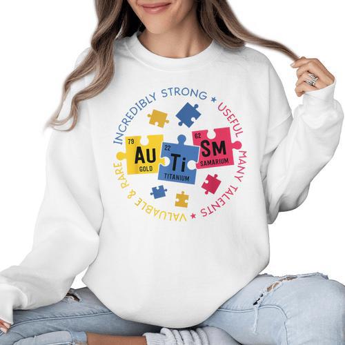 Autism Awareness Shirt Periodic Puzzle Science Teacher Men Women Kids Women Crewneck Sweatshirt - teacherstshirts.com CA