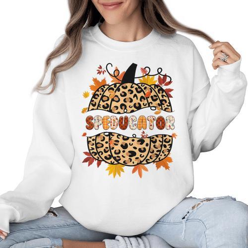 Autumn Fall SPED ED Teacher Thankful Grateful Pumpkin Retro Women Crewneck Sweatshirt - teacherstshirts.com
