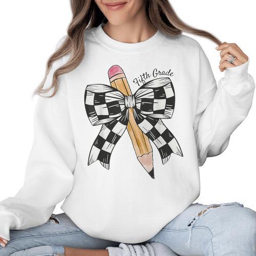 Back To School Hello Fifth Grade Teacher Coquette Pencil Bow Women Crewneck Sweatshirt - teacherstshirts.com AU