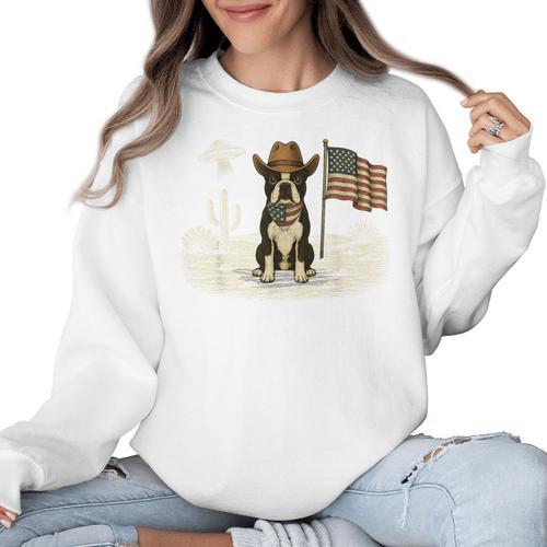 Boston Terrier 4th Of July US American Flag Dog Patriotic Women Crewneck Sweatshirt - Bostonterriersmerch.com