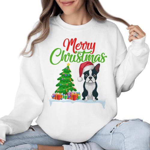 Boston Terrier Christmas Tree Lights Xmas Dog Lover Women Crewneck Sweatshirt - Bostonterriersmerch.com
