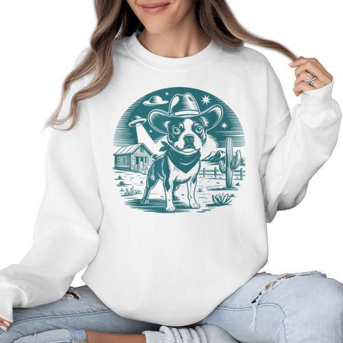 Boston Terrier Cowboy UFO Shirt Vintage Western Dog Mom Tee Women Crewneck Sweatshirt - Bostonterriersmerch.com