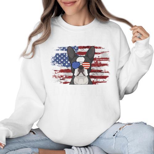 Boston Terrier Dad American Flag 4th Of July Dog Fathers Day Women Crewneck Sweatshirt - Bostonterriersmerch.com