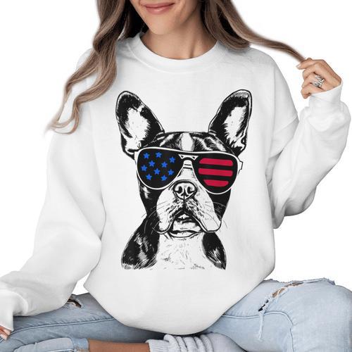 Boston Terrier Dog 4th July America USA Flag Men Women Kids Women Crewneck Sweatshirt - Bostonterriersmerch.com