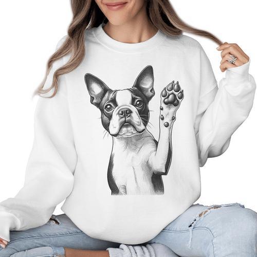 Boston Terrier Dog Raising Paw Idea Men Women Women Crewneck Sweatshirt - Bostonterriersmerch.com